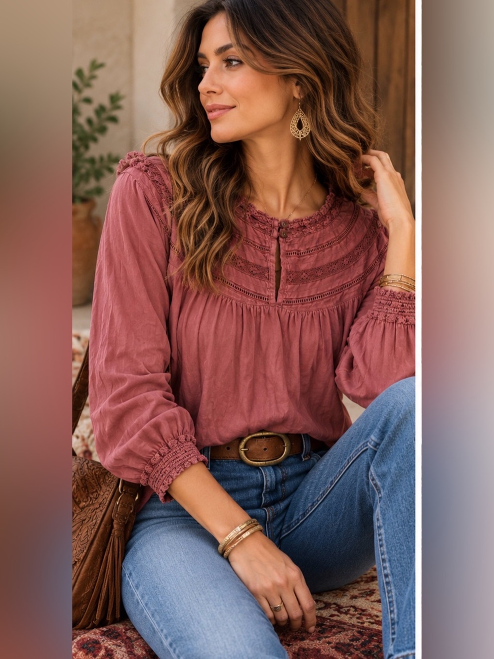NWT Torrid Dusty Rose Crochet Lace Yoke Boho Blouse Long Sleeve Rayon